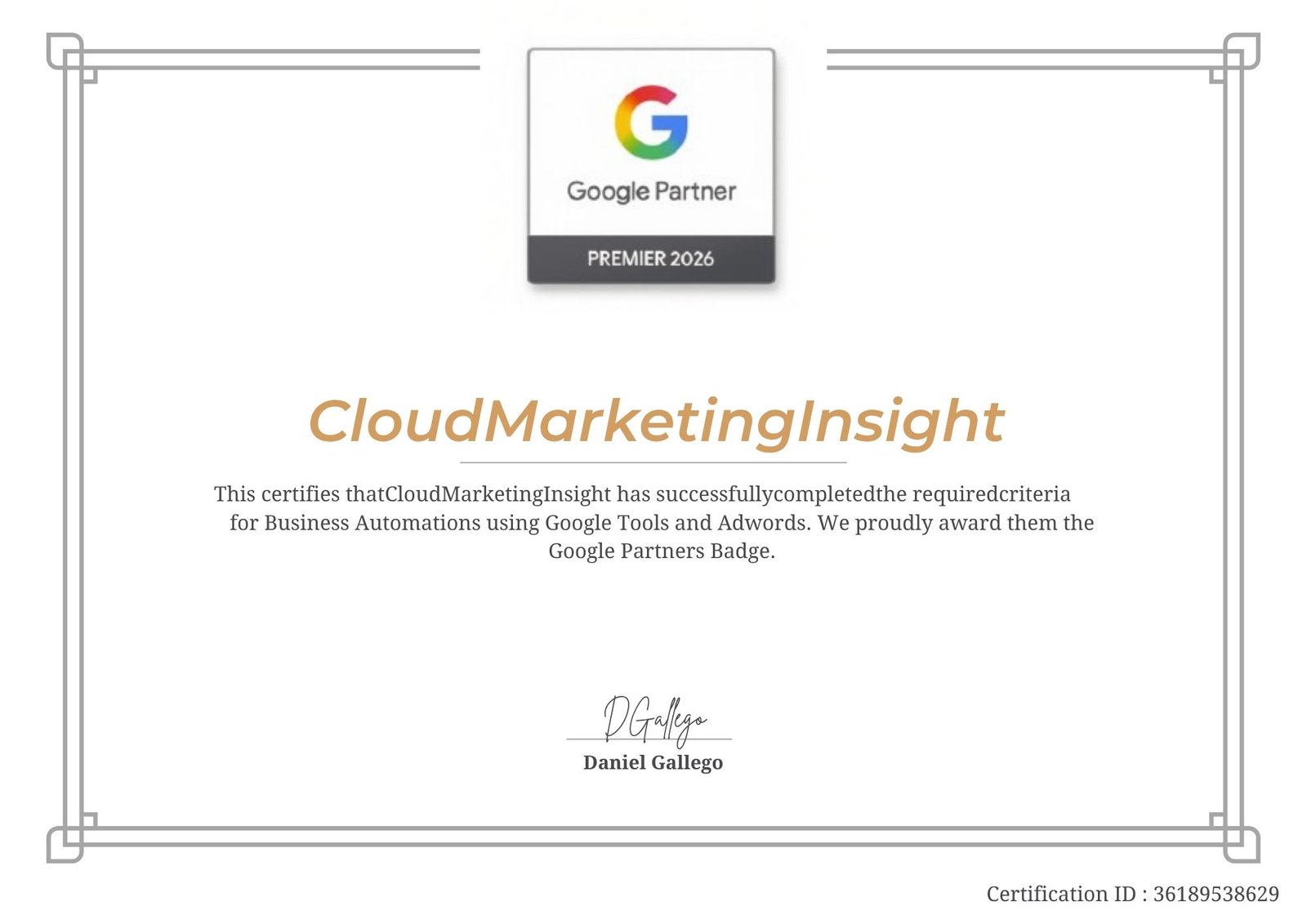 Official Google Premier Partner Certificate 2026 - CloudMarketingInsight